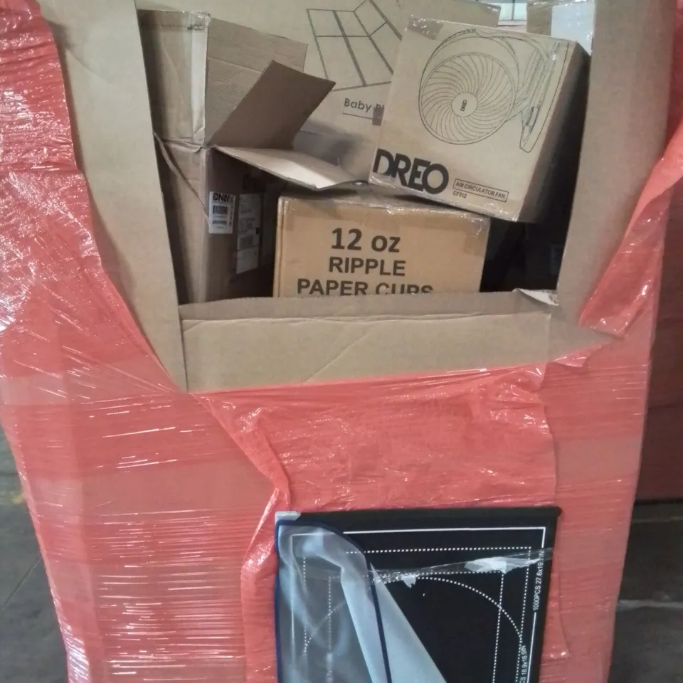 PALLET CONTAINING VARIOUS ASSORTED ITEMS TO INCLUDE: AIR CIRCULATION FAN, CAR HEADLIGHT, 500 PAPER CUPS, SEVERAL BABY PLAYMATS AND LOTS MORE UNMARKED BOXED ITEMS 