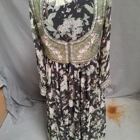 ETHNIC EMBROIDERED 3PC DRESS IN GREEN FLORAL/BLACK SIZE S