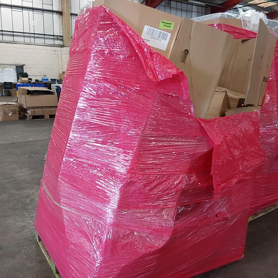 PALLET OF ASSORTED CONSUMER GOODS AND FURNITURE PRODUCTS TO INCLUDE; OFFICE CHAIRS, MULTIFUNCTIONAL FOOD PROCESSORS, MAGNETIC MINI EXERCISE BIKE, METAL FRAME MIRROR ECT. 
