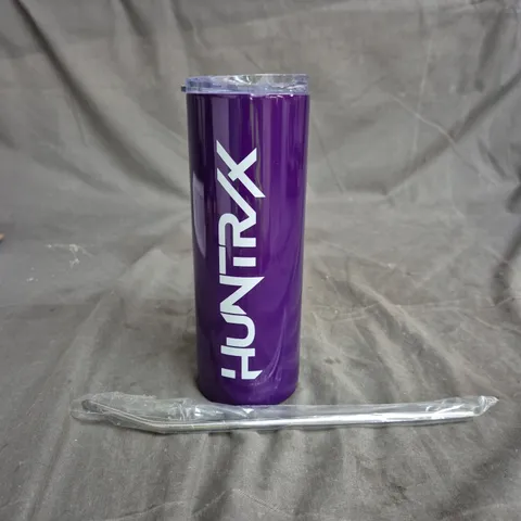 HUNTRX PURPLE STAINLESS STEEL TUMBLER BOTTLE WITH WHITE VERTICAL LOGO AND STRAW