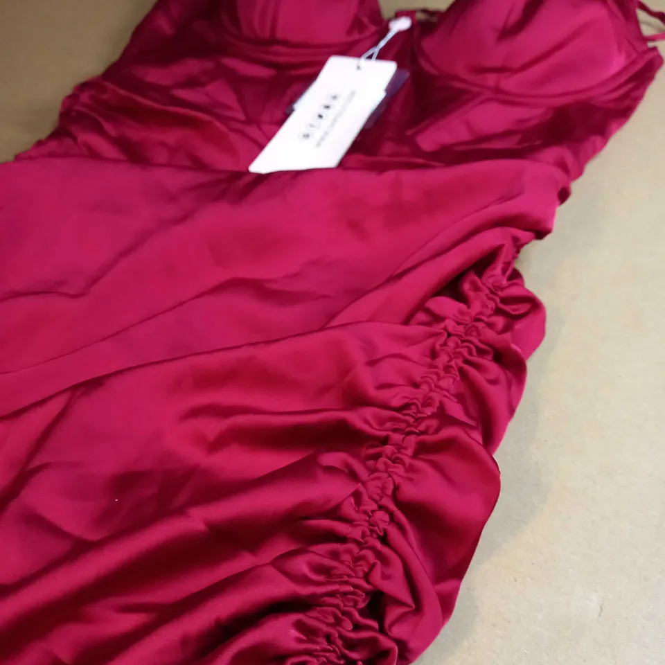 OH POLLY RED SATIN RUCHED MINI DRESS - SIZE 10