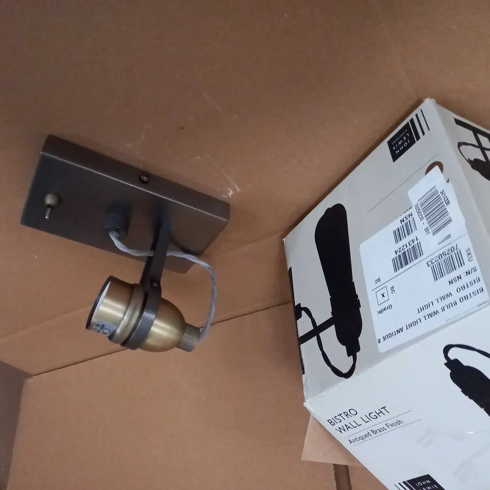 BOXED JOHN LEWIS ANTIQUE BRASS BISTRO BULB WALL LIGHT