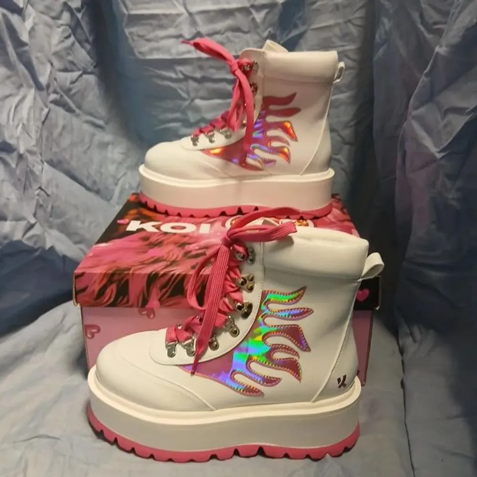 BOXED KOI KAWAII HELIOS HOLOGRAM FLAME BOOTS - PINK & WHITE, UK 3