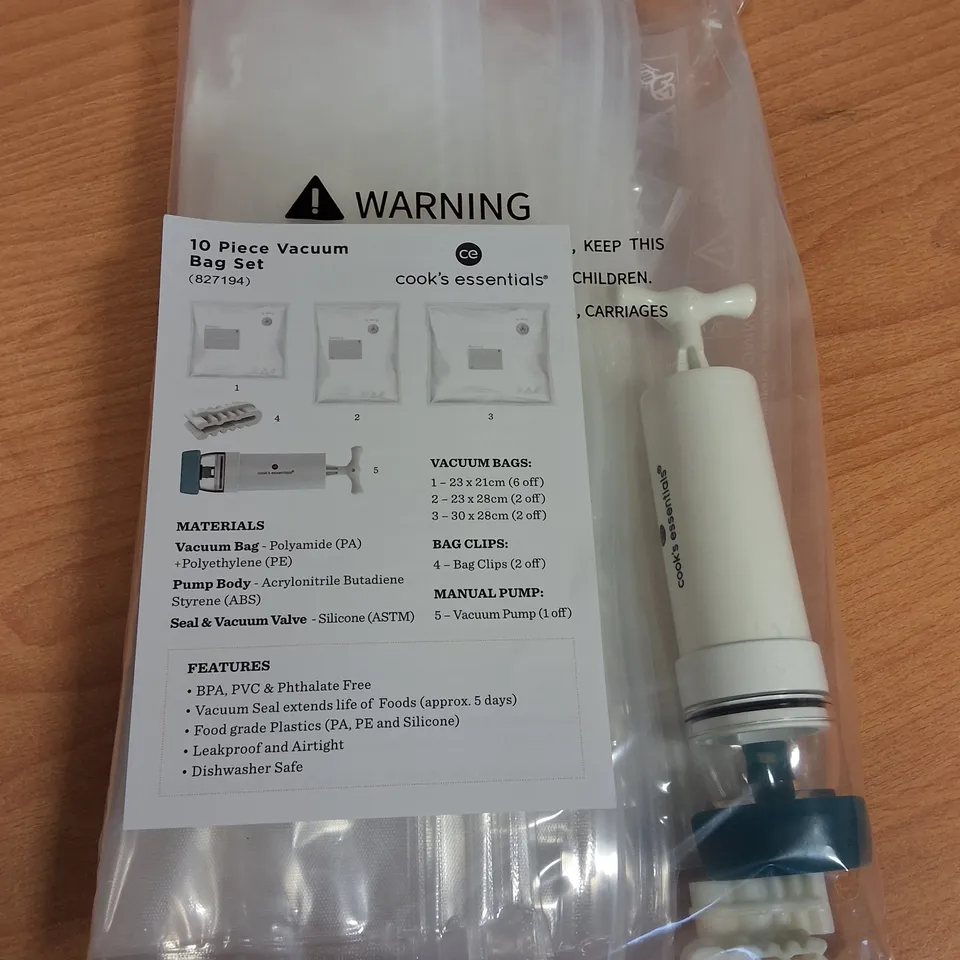 LOT OF 24 10-PIECE BOXES OF COOKS'S ESSENTIALS VACUUM BAG SETS