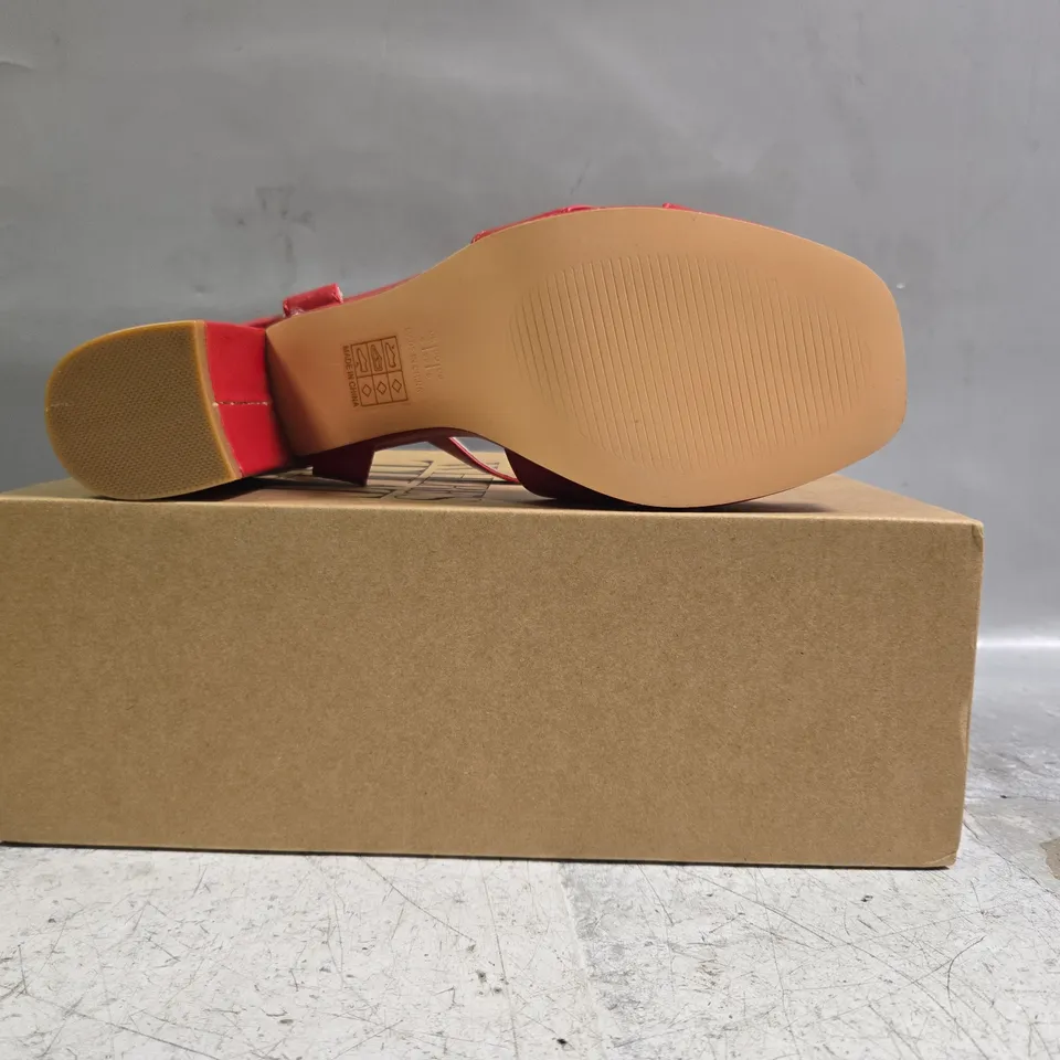 BOXED PAIR OF WHERE'S THAT FROM OPEN TOE BLOCK HEEL SANDALS IN RED SIZE UK 6