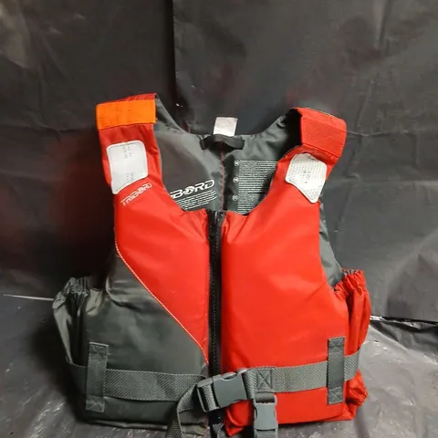 RED LIFE JACKET WITH BLACK ADJUSTABLE WAIST BELT AND FRONT ZIPPER