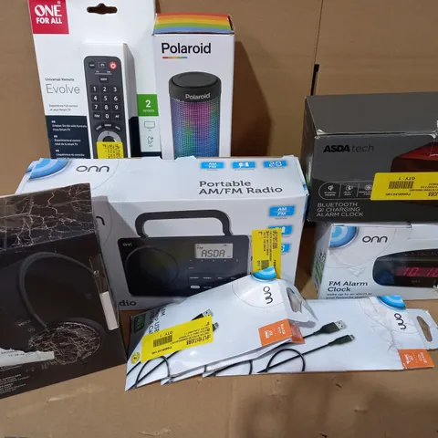 LOT OF APPROX. 10 X ITEMS TO INCLUDE POLAROID BLUETOOTH SPEAKER, MIXX 0X1 WIRED HEADPHONES, ONE FOR ALL EVOLVE UNIVERSAL REMOTE, ASDA TECH BLUETOOTH QI CHARGING ALARM CLOCK, ONN PORTABLE AM/FM RADIO,