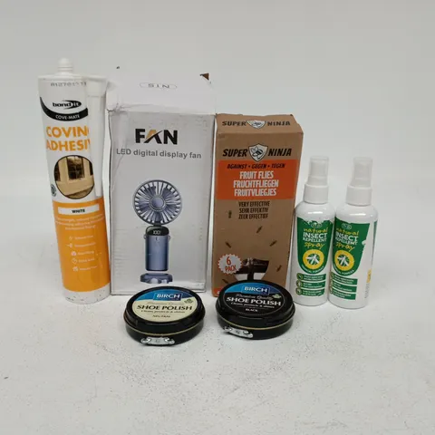 TOTE OF APPROXIMATELY 15 ASSORTED ITEMS TO INCLUDE DIGITAL DISPLAY FAN, SHOE POLISH, INSECT REPELLENT, COVING ADHESIVE ETC