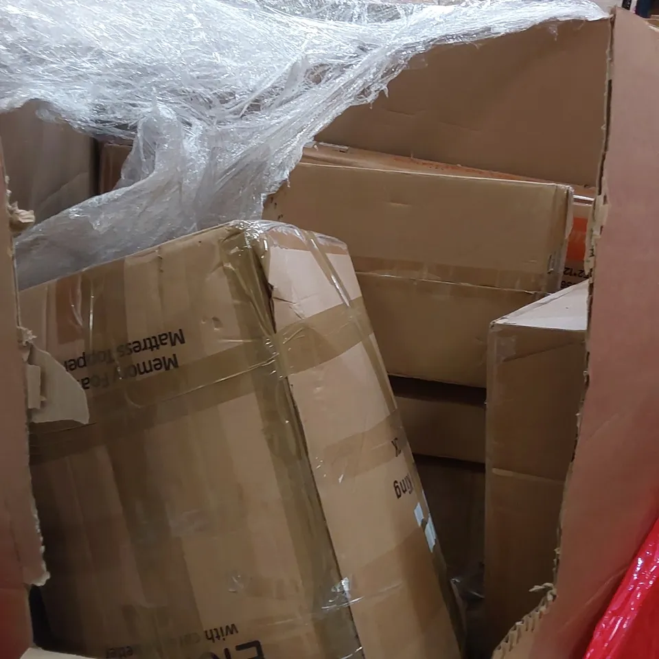 PALLET OF ASSORTED HOUSEHOLD ITEMS AND CONSUMER PRODUCTS. INCLUDES; MATTRESS TOPPER, ECO STUFFING MACHINE, BOXED FURNITURE ETC 