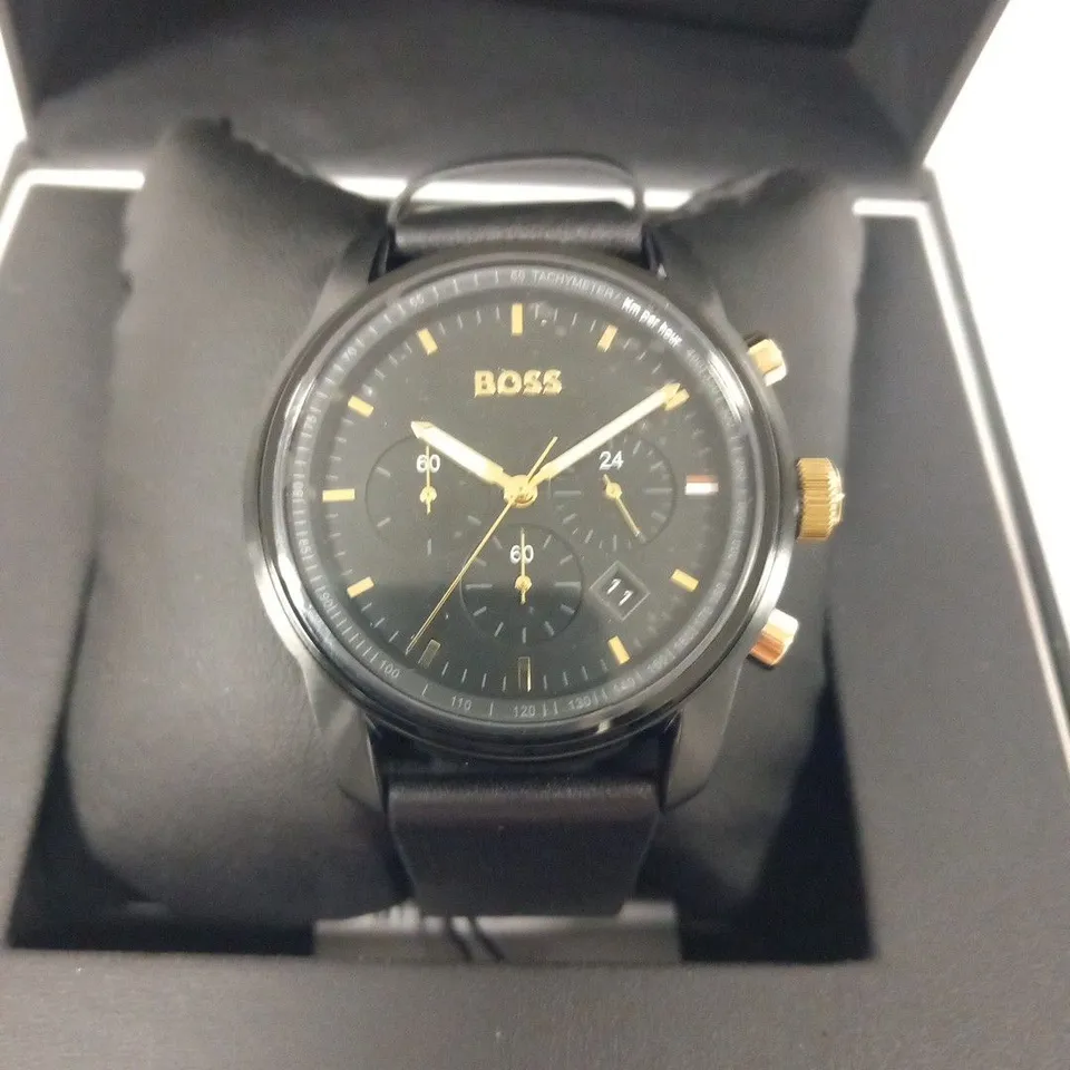 BOXED HUGO BOSS GENTS BOSS TRACE BLACK LEATHER WRIST WATCH