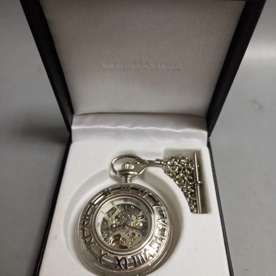 BOXED MOUNT ROYAL CHROME PLATED ENGRAVED MECHANICAL POCKET WATCH
