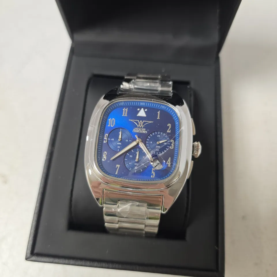 BOXED VICKERS ARMSTRONGS VULCAN STEEL WATCH WITH BLUE DIAL