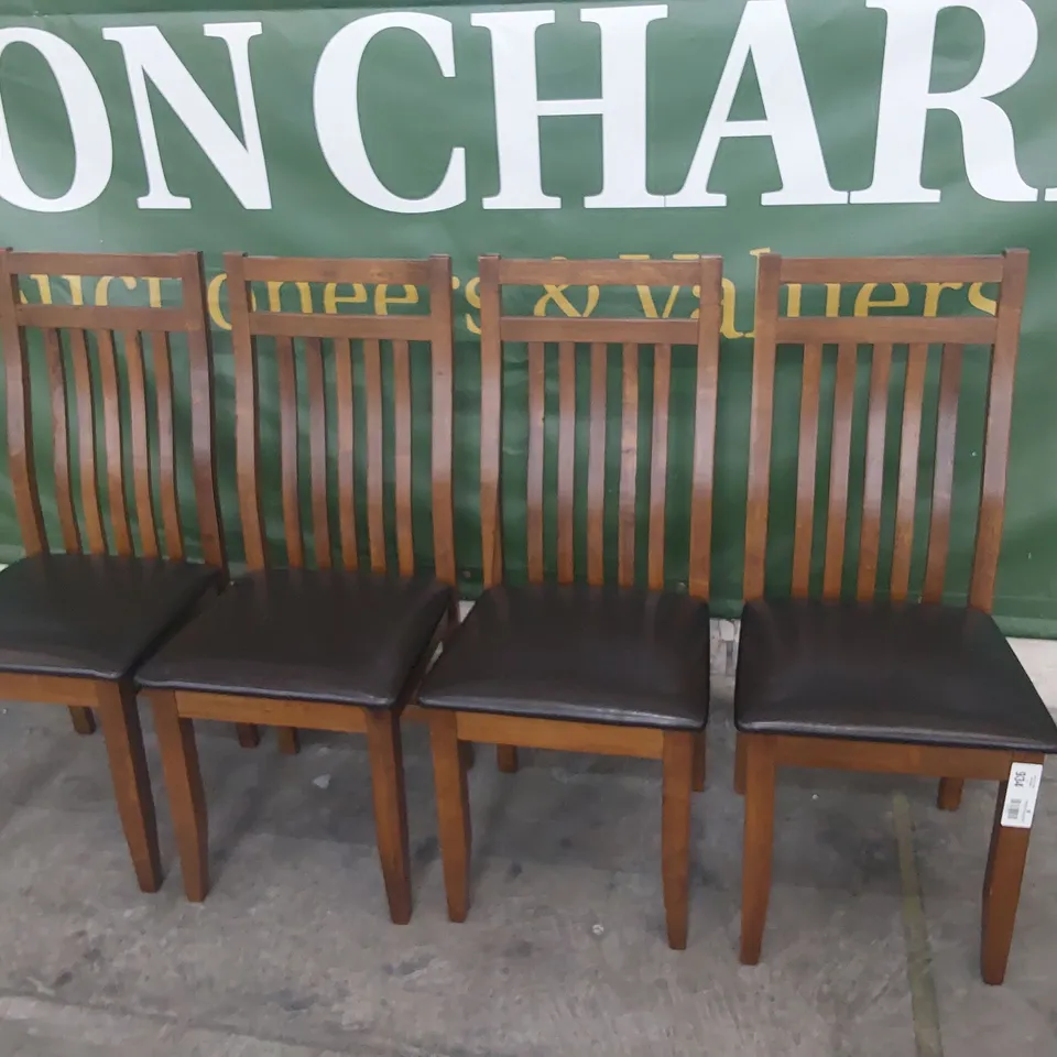 SET OF FOUR DARK WOOD SLAT BACK DINING CHAIRS BROWN PU SEATS