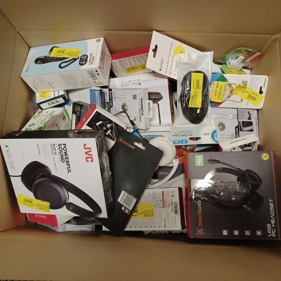 LARGE BOX OF ASSORTED ELECTRICALS TO INCLUDE LANDLINE PHONE, JVC HA-S31M WIRED HEAPHONES, BLACKWEB USB HEADSET, ETC