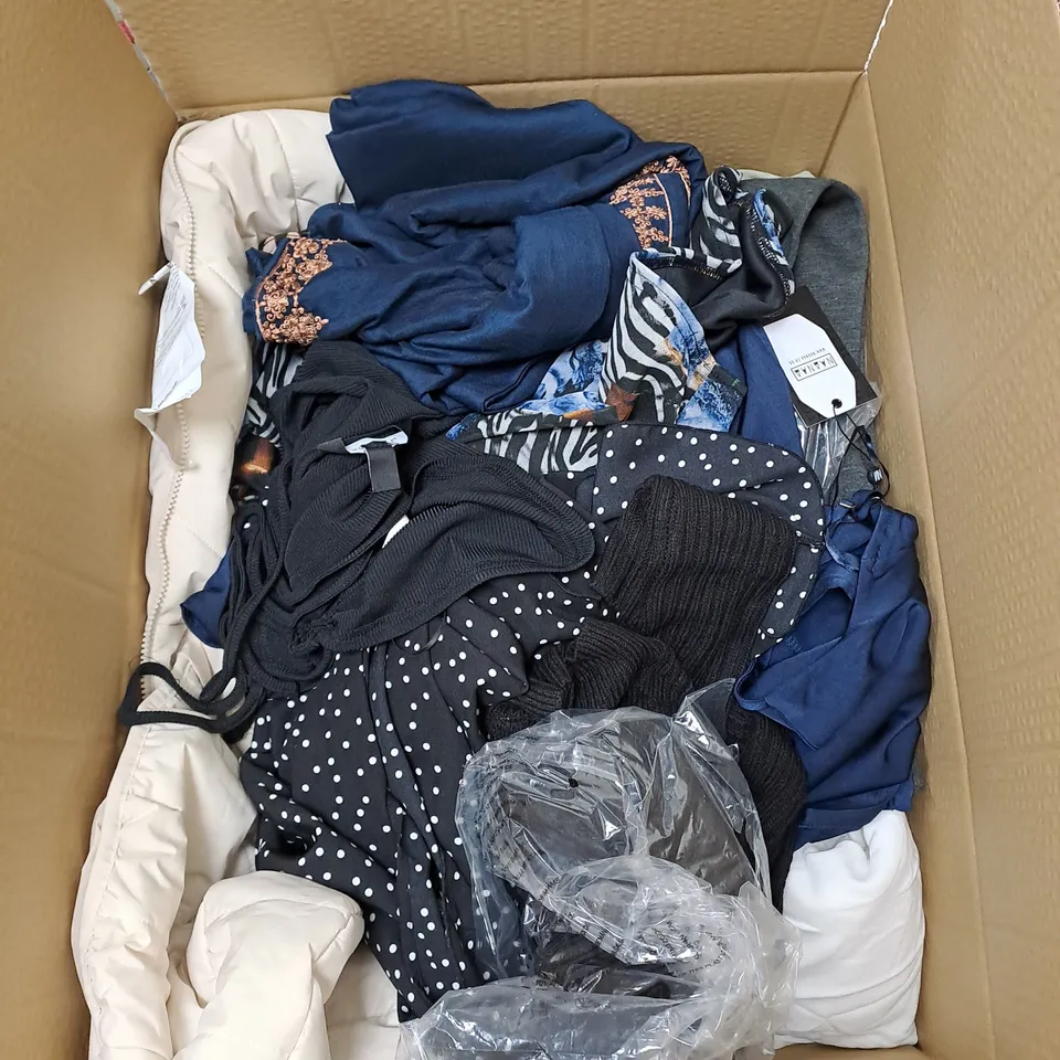 BOX OF ASSORTED CLOTHING ITEMS TOO INCLUDE JUMPERS, SHIRTS AND TROUSERS IN VARIOUS SIZES AND COLOURS   