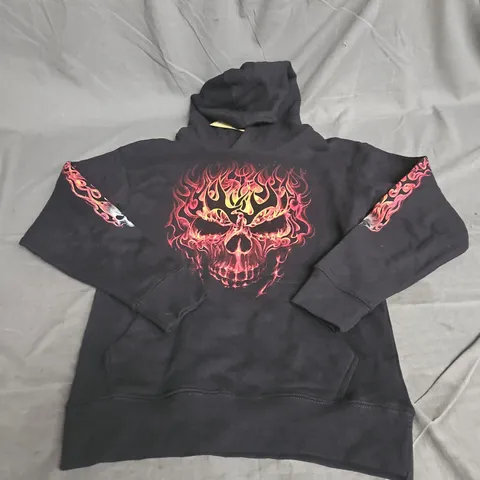 SPIRAL KIDS FLAMING SKULL PRINT HOODIE IN BLACK SIZE XL