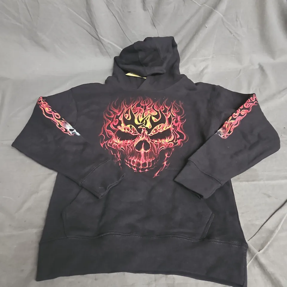 SPIRAL KIDS FLAMING SKULL PRINT HOODIE IN BLACK SIZE XL