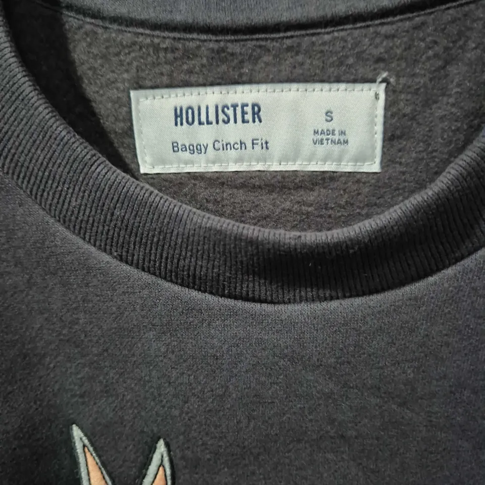 HOLLISTER BAGGY CINCH FIT SWEATSHIRT – BLACK/CHARCOAL WITH BUNNY GRAPHIC, SIZE S