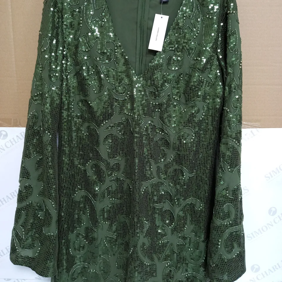 KAREN MILLEN EMBELLISHED APPLIQUE SEQUIN MINI DRESS IN GREEN - SIZE 10