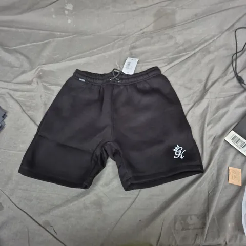 BLACK DRAWSTRING SHORTS WITH WHITE EMBROIDERED LOGO ON LEFT LEG MEDIUM GYM KING