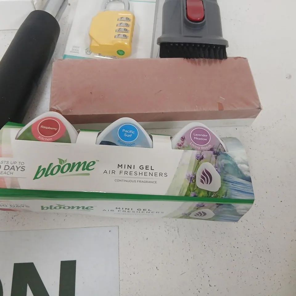 ASSORTED TOOLS & HARDWARE LOT: HOT GLUE STICKS, PADLOCK, WIPES, GLOVES, AIR FRESHENERS