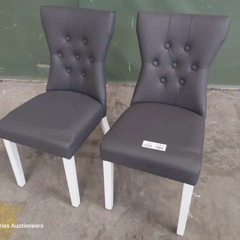 PAIR OF UPHOLSTERED BUTTONED BACK DINING CHAIRS GREY PU ON WHITE PAINTED LEGS 