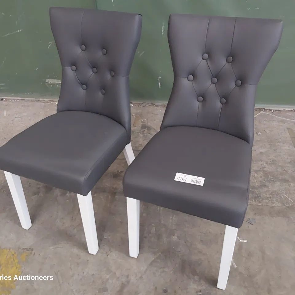 PAIR OF UPHOLSTERED BUTTONED BACK DINING CHAIRS GREY PU ON WHITE PAINTED LEGS 