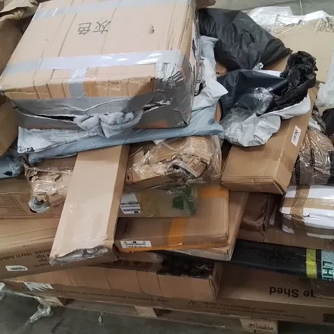 PALLET CONTAINING VARIOUS ASSORTED BOXED HOUSEHOLD RETURNS/ELECTRICAL/GARDEN ITEMS TO INCLUDE: LARGE FLEECE THROW, PVC PRIVACY FENCE, STORAGE SHED, GROUND SHEETS ETC.