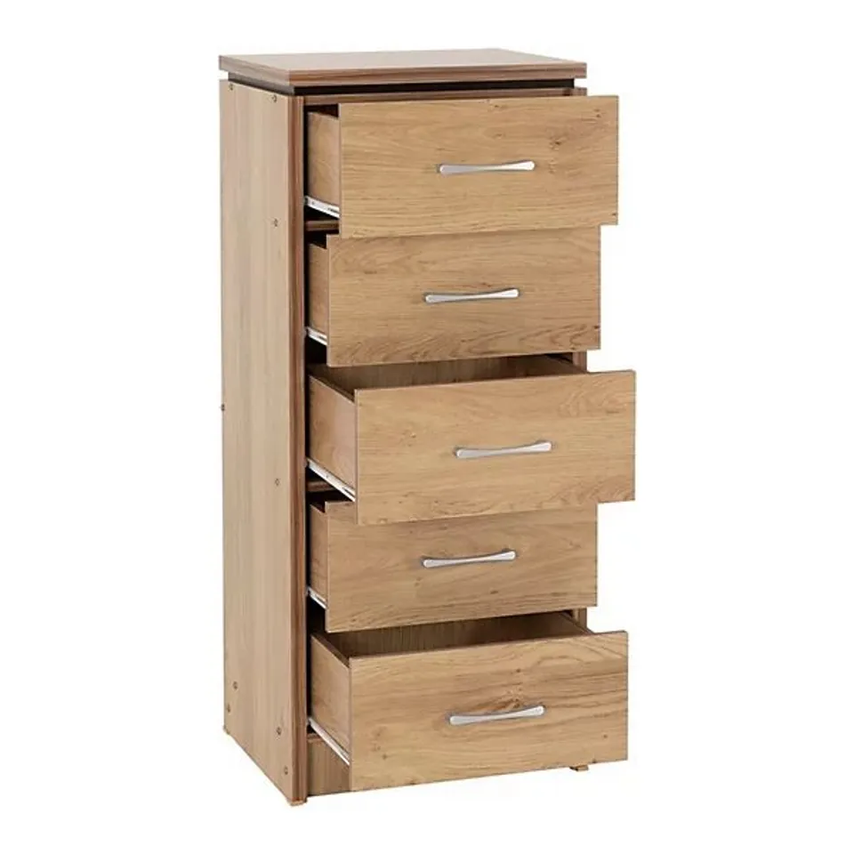 BOXED MALVERN 5 DRAWER NARROW CHEST - WALNUT EFFECT VENEER (1 BOX)
