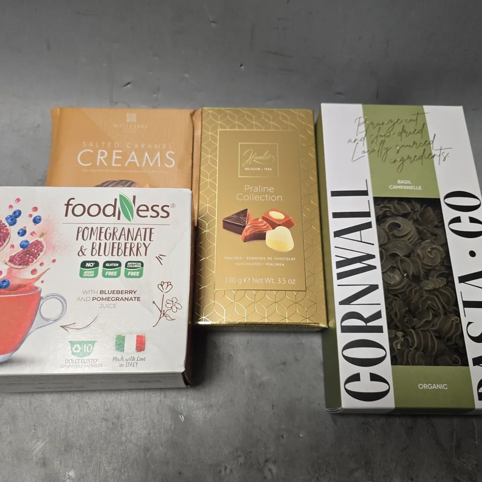 APPROXIMATELY 8 ASSORTED FOOD ITEMS TO INCLUDE - SALTED CARAMEL CREAMS , FOODLESS POMEGRANTE & BLUEBERRY JUICE ETC