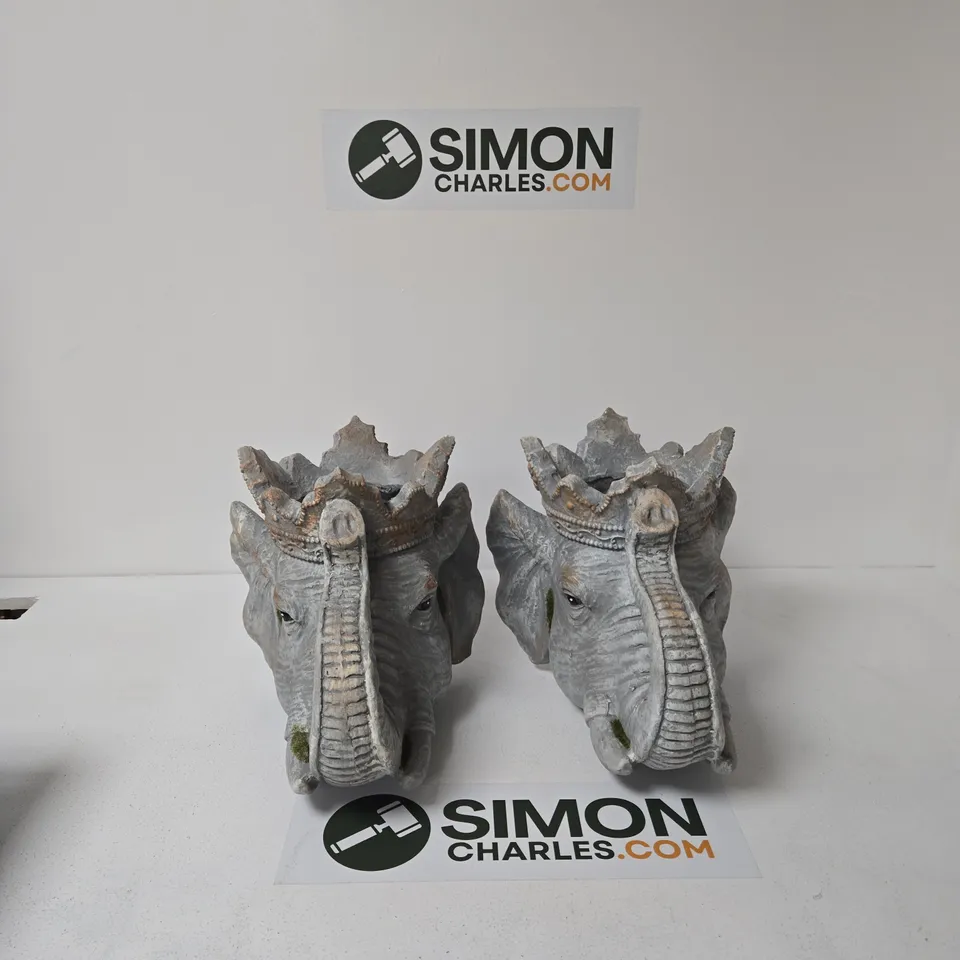 PAIR OF CROWNED ELEPHANT HEAD FIGURINES PLANTERS