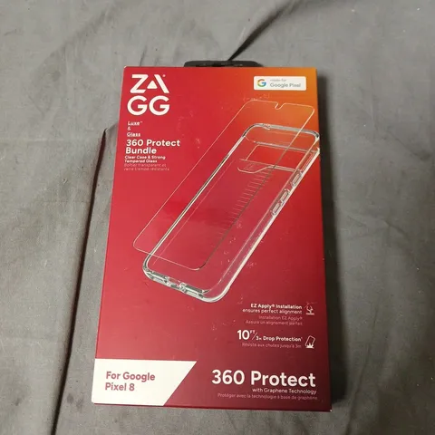BOX OF APPROXIMATELY 10 ZAGG 360 PROTECT BUNDLE FOR GOOGLE PIXEL 8 – CLEAR CASE & TEMPERED GLASS SCREEN PROTECTOR