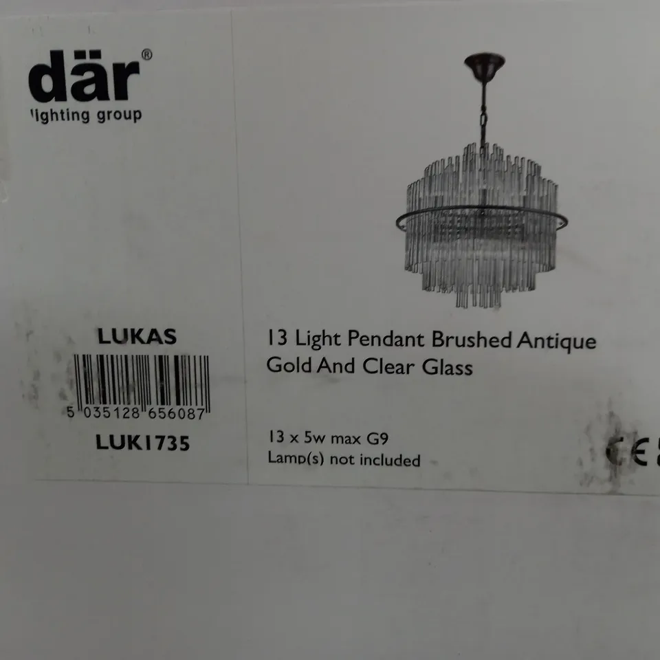 BOXED DÄR LUKAS 13 HANGING LIGHT PENDANT BRUSHED ANTIQUE GOLD & CLEAR GLASS
