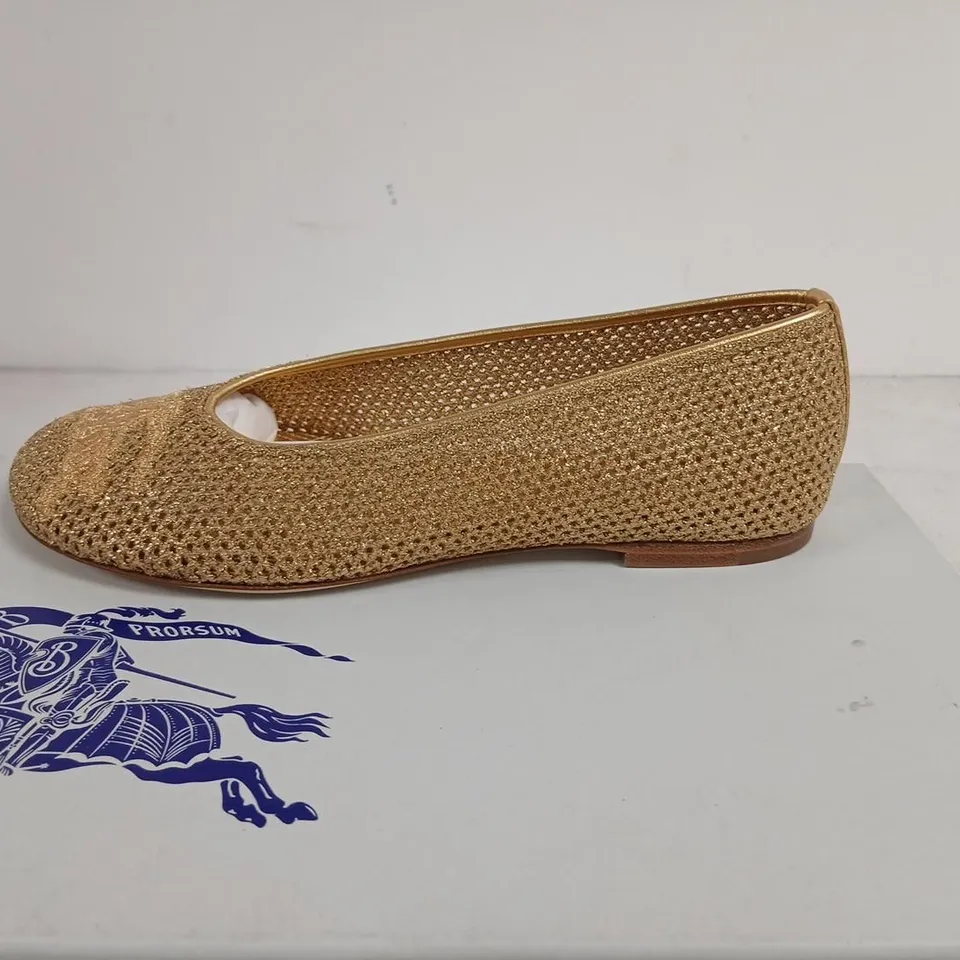 BURBERRY GOLD MESH BALLERINA FLATS – UK4 (EU37) – LEATHER SOLE, BOXED