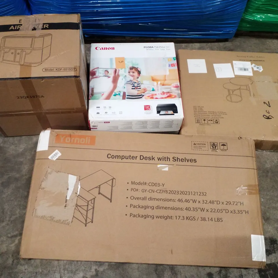 PALLET CONTAINING ASSORTED PRODUCTS TO INCLUDE AIR FRYER, NESTING COFFEE TABLES, COMPUTER DESK WITH SHELVES, CANON PIXMA PRINTER