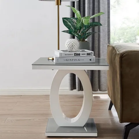 BOXED GIOVANI SQUARE GREY GLASS AND WHITE HIGH GLOSS SIDE TABLE (2 BOXES)