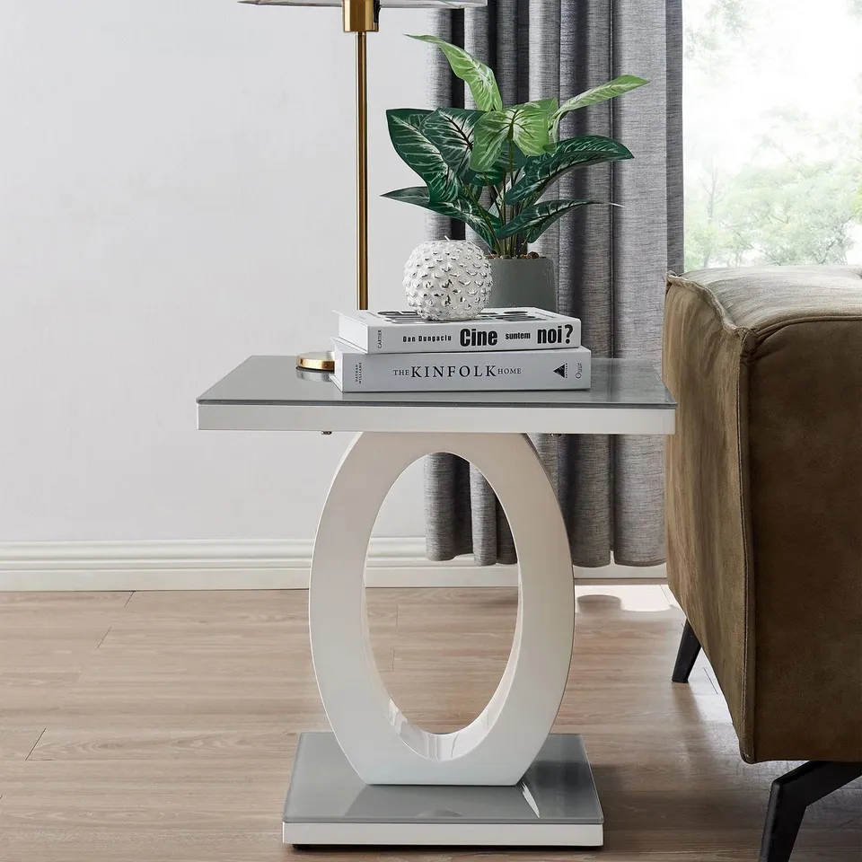 BOXED GIOVANI SQUARE GREY GLASS AND WHITE HIGH GLOSS SIDE TABLE (2 BOXES)