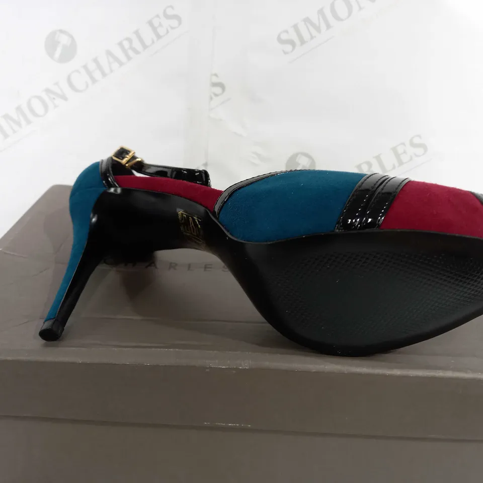 BOXED PAIR OF CHARLES KEITH FAUX SUEDE OPEN TOE STILETTO HEELS - TEAL/RED - EU 37