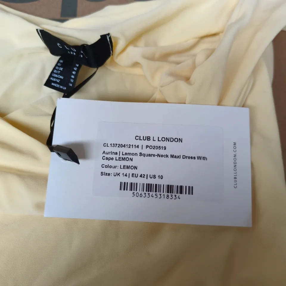 CLUB L LONDON AURINA LEMON SQUARE-NECK MAXI DRESS WITH CAPE – UK 14