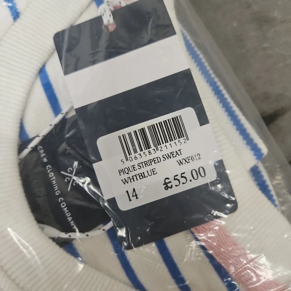 CREW CLOTHING COMPANY STRIPED PIQUE SWEATSHIRT – WHITE/BLUE, SIZE 14