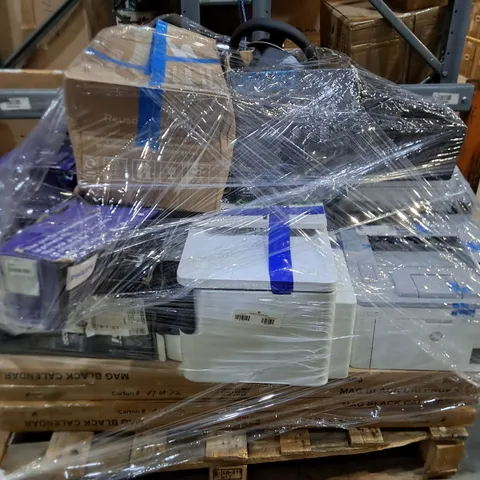 PALLET CONTAINING APPROXIMATELY 11 ASSORTED TECH ITEMS TO INCLUDE HP PRINTERS, LIGITECH GAMING STEERING WHEEL AND MAG BLACK CALENDARS 