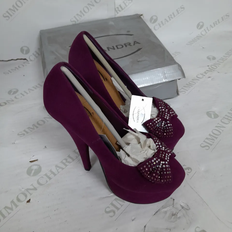 CASSANDRA PLATFORM STILLETO HEEL IN  PURPLE SUEDE WITH PHINESTONE BOW DETAIL SIZE 3