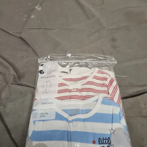 FRED & FLO BABY SLEEPSUITS – 3 PACK, STRIPED COTTON (SEALED)