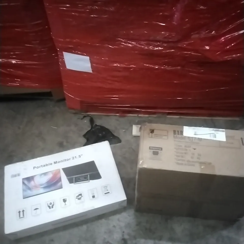 PALLET OF ASSORTED ITEMS INCLUDING - PORTABLE MONITOR, BAR STOOL