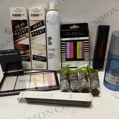 LOT OF APPROX 12 ASSORTED COSMETIC ITEMS TO INCLUDE FUDGE HEAD PAINT HAIR COLOUR, THE BODY SHOP HEMP HAND PROTECTOR, GIVENCHY PRISME BLUSH, ETC