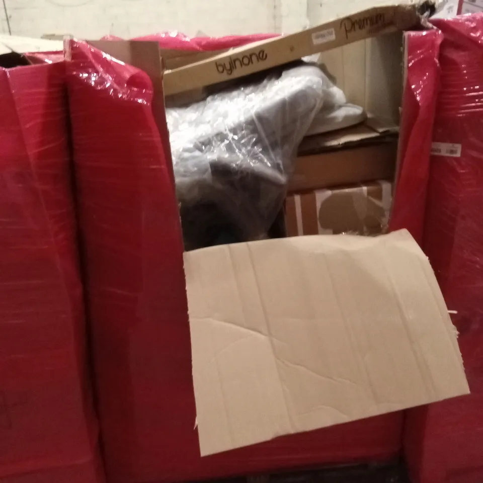 PALLET OF ASSORTED HOUSEHOLD GOODS AND PRODUCTS TO INCLUDE; IRONING BOARD, BABY/CHILD PRODUCTS, BOXED FURNITURE ETC