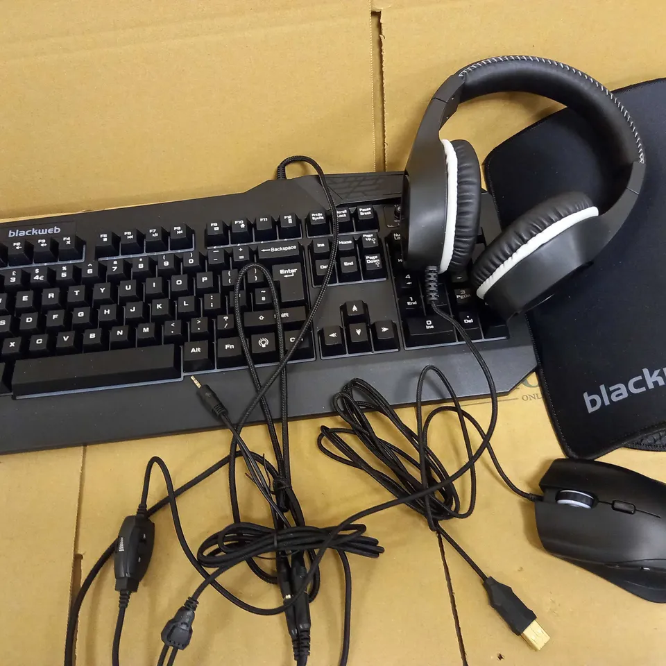 BLACKWEB 4-IN-1 GAMING KIT INCLUDING HEADSET, KEYBOARD, MOUSE, MAT