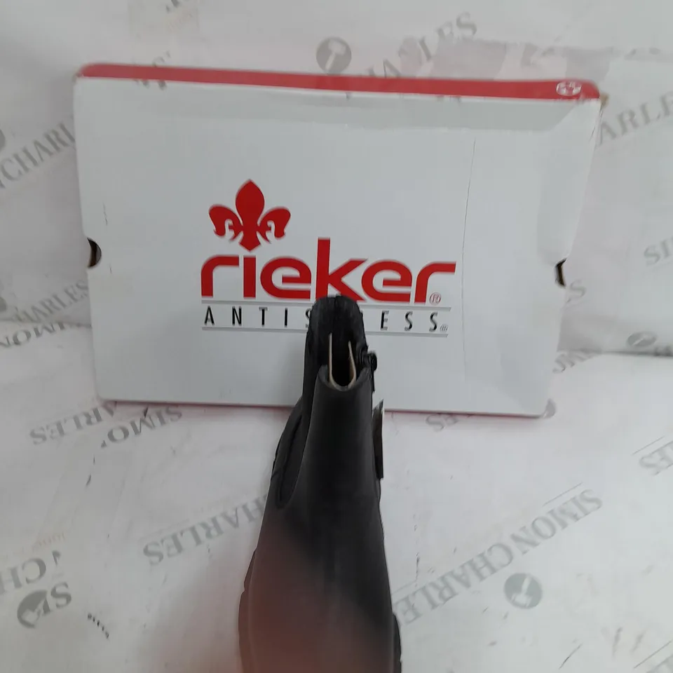 BOXED PAIR OF RIEKER CHUNKY ANKLE BOOTS IN BLACK - SIZE 3.5