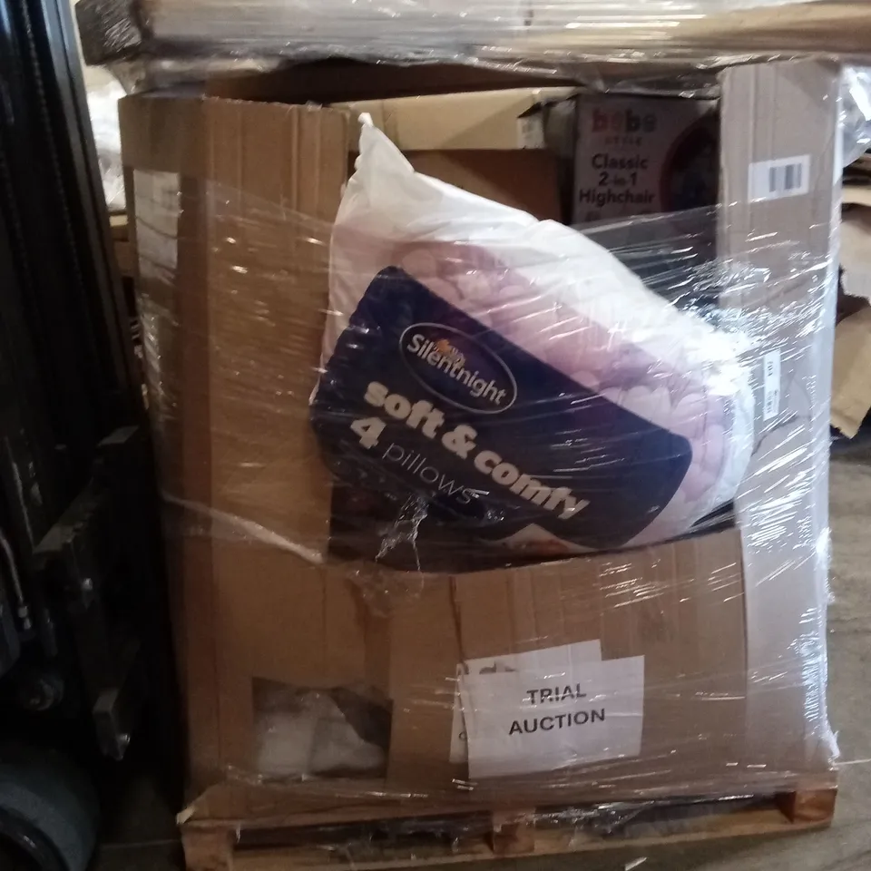 PALLET OF ASSORTED HOUSEHOLD GOODS AND PRODUCTS TO INCLUDE;PILLOW,TENT,CAR BOOSTER SEAT, HIGHCHAIR,DUVET, DELONGHI TOASTER,NONSTICK PAN