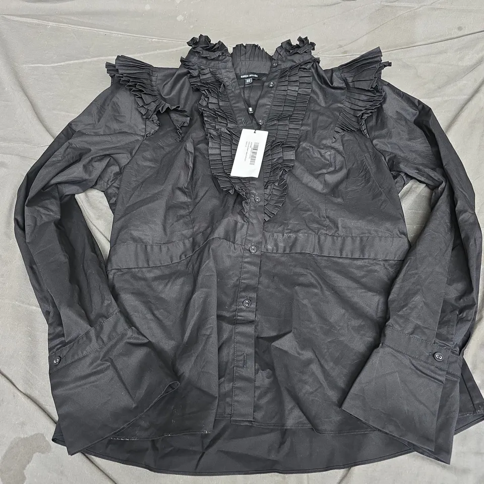KAREN MILLEN BLACK CURVE LONG SLEEVE PLEATED RUFFLE SHIRT - SIZE 18